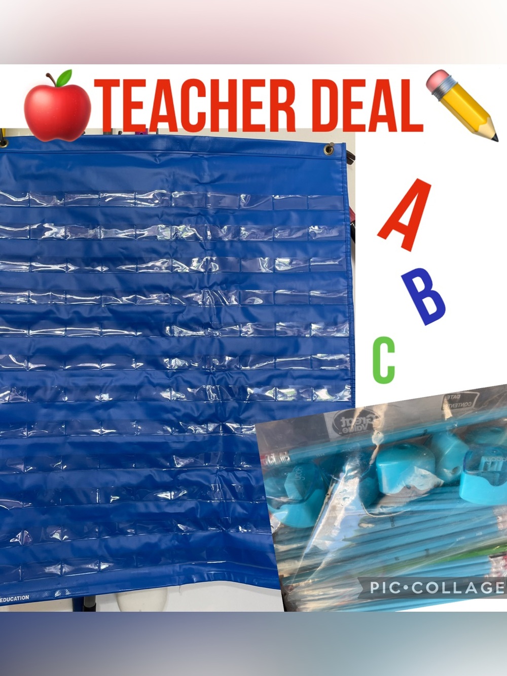 120 Slot Blue Pocket Chart Organizer for Classroom Learning+Pencils & Sharpeners